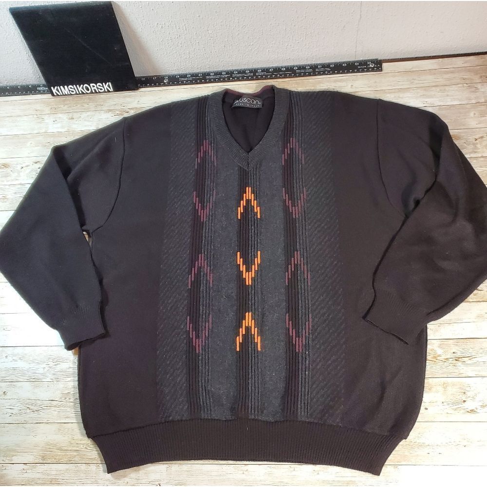 Vintage 90s Tuscan Colorful Geometric Lines Arrows Knit Sweater Wool Acrylic Lrg
